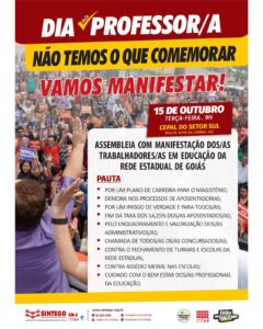 No dia 15 de outubro, o SINTEGO convoca trabalhadores/as da Rede Estadual para Assembleia