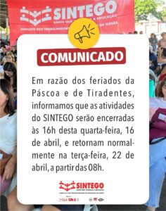 Comunicado dos feriados de Páscoa e Tiradentes!